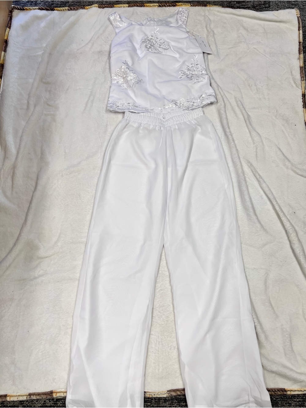 White Embroidered Satin Tank with Wide-Leg Pants Set
